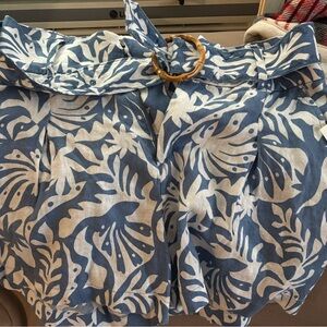 Blue and White Leaf Print Shorts